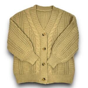 Cable Knit Tan Beige Vneck Cardigan Sweater Button Front Balloon Sleeves Medium